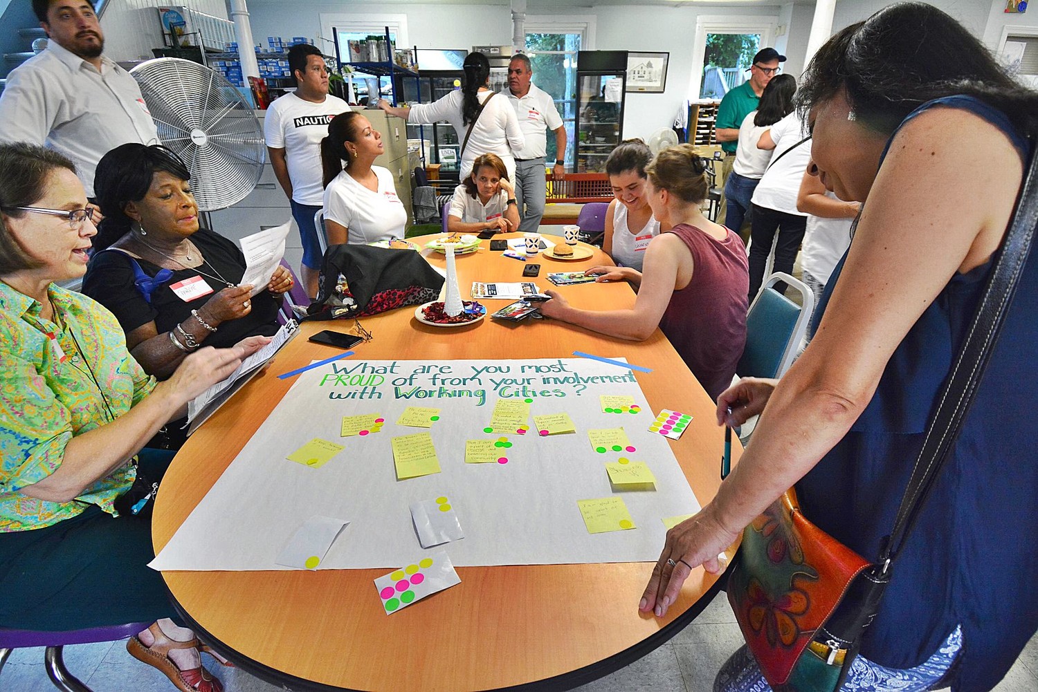 group of people at table looking a question on poster